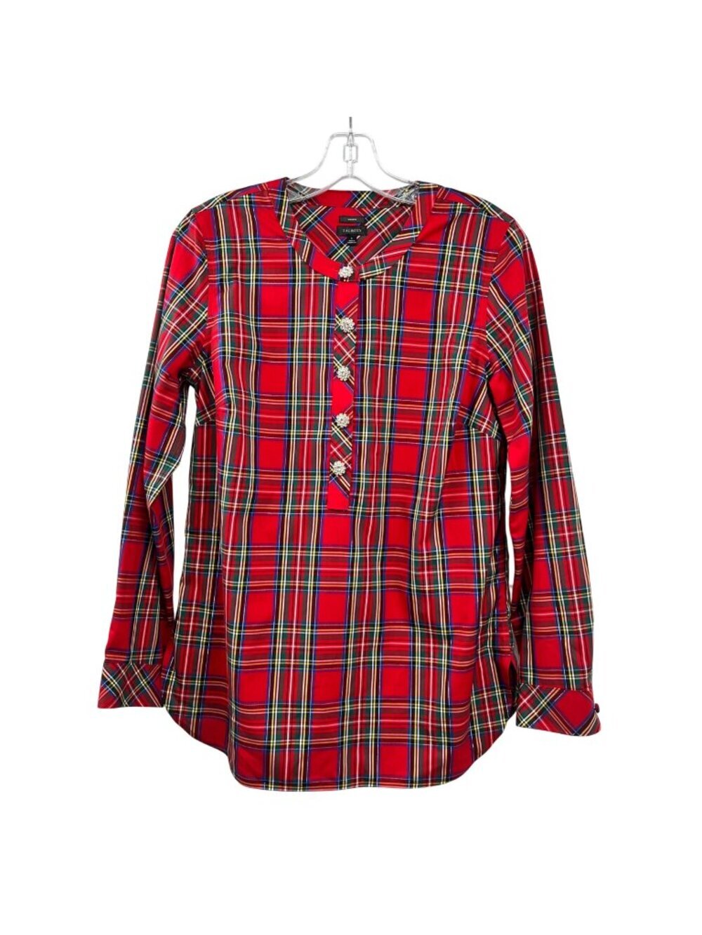 Talbots Plaid Popover Top Long Sleeve Rhinestone Buttons Red/Multi Small
